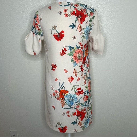 ZARA Cream & Red Floral V-Neck Shift Mini Dress Puff Sleeve Size S With Pockets - Picture 5 of 8